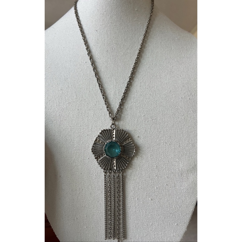 JJ Silver Tone Blue Stone Medallion Necklace